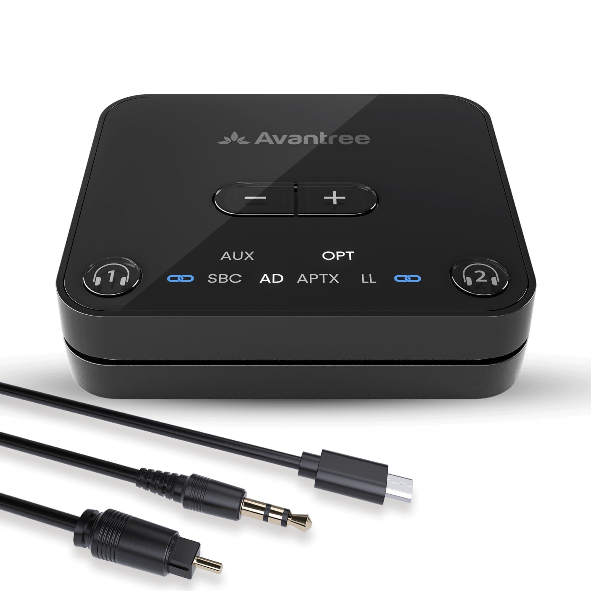 Audikast 3 - Bluetooth 5.3 Transmitter for TV with Optical or AUX Audio Output Port, aptX-Adaptive, Dual Link for 2 Headphones, and 100ft Long Range