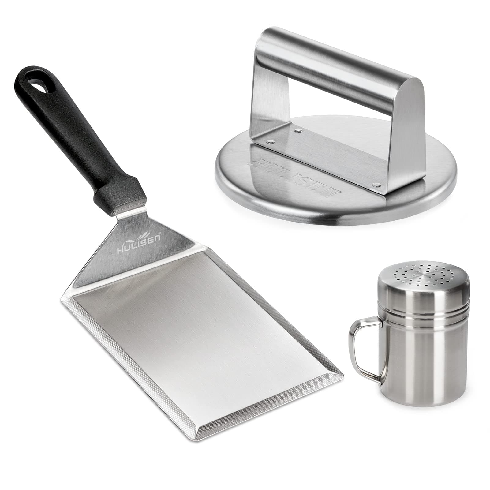 HULISEN Smashed Burger Kit, Stainless Steel Burger Press with Edge, Grill Spatula and Spice Dredge Shaker - Burger Smasher Griddle Accessories Kit for Griddle Grill Cooking, Gift Package