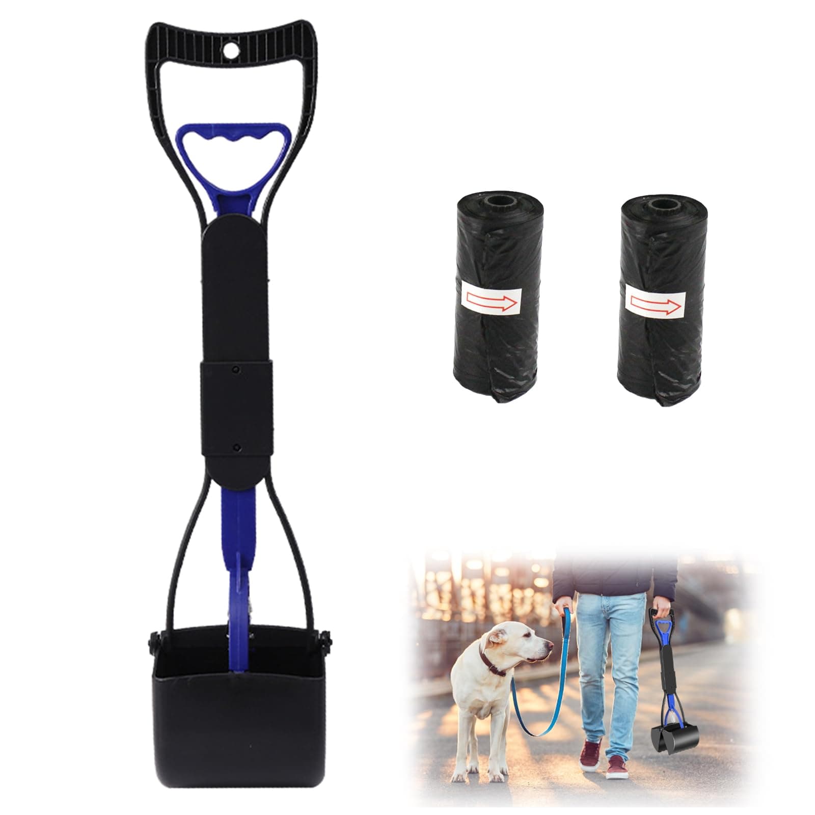 DALAETUS Pet Pooper Scooper Set, 17.7 inch Long Handle Portable Foldable Dog Dirt Scoop with Waste Bag for Outdoor/Indoor Cat Dog Animal Waste Grass Gravel Sand, Blue