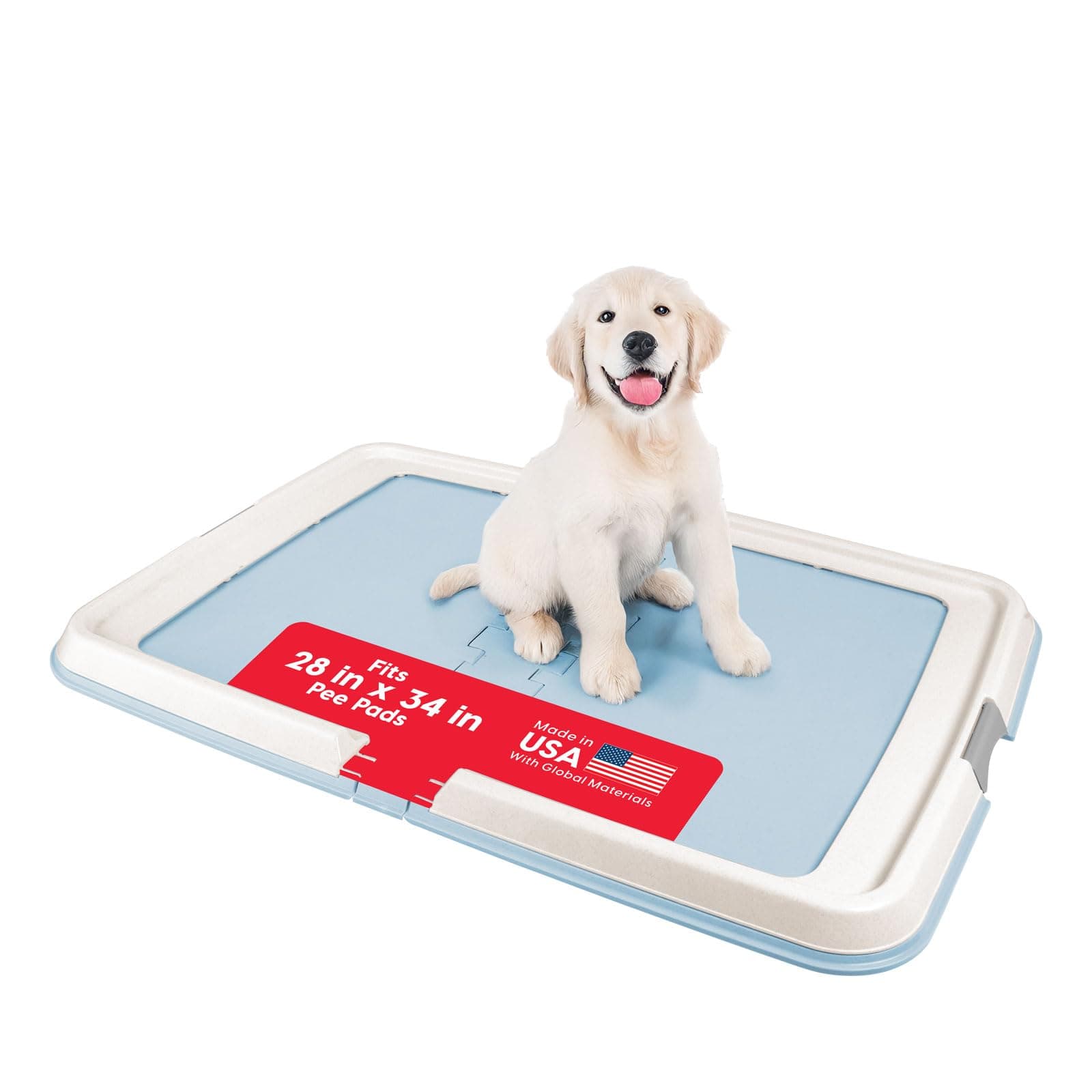 Pee Pad Holder - for Large Sized Dog and Puppy Pee Pads, Secured Latches, Non-Skid Feet, High Polish Finish for Easy Cleaning, Leak Protection, Fits 28"x34" Pad or Larger, Square, Blue