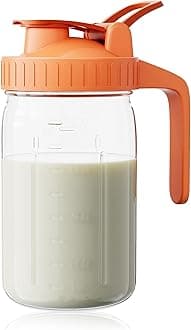 Breast Milk Pitcher, Mason Jar 32 oz, Heavy Duty Wide Mouth Jar with Orange Flip Cap Lid and Pour Spout, Airtight Seal for Freshness and Convenience, Great for Cold Beverages and Breastmilk Stora