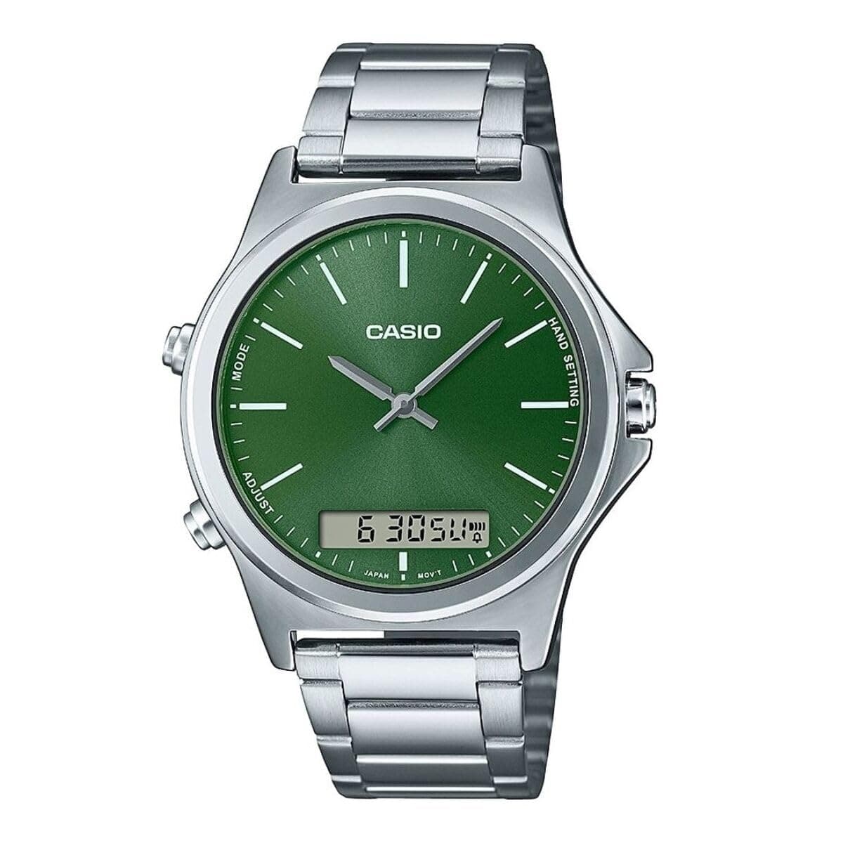 MTP-VC01D-3E Men's Stainless Steel Green Dial Analog Digital Dual Time Zone Watch