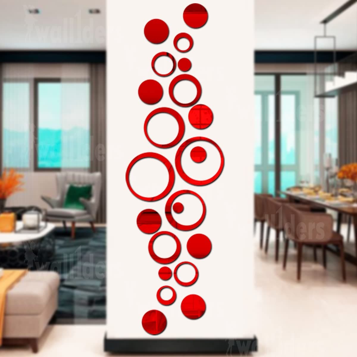 12 Rings 12 Circles Mirror Stickers for Wall, Wall Mirror Stickers, Wall Stickers for Hall Room, Bed Room, Kitchen. (Red)