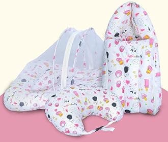 Baby Bedding Set, 3 Pcs Cotton Sleeping Essential|Baby Sleeping Bag|Mother Nursing Feeding Pillow|Mosquito Net Bed for 0-6 Months (Panda Pink)