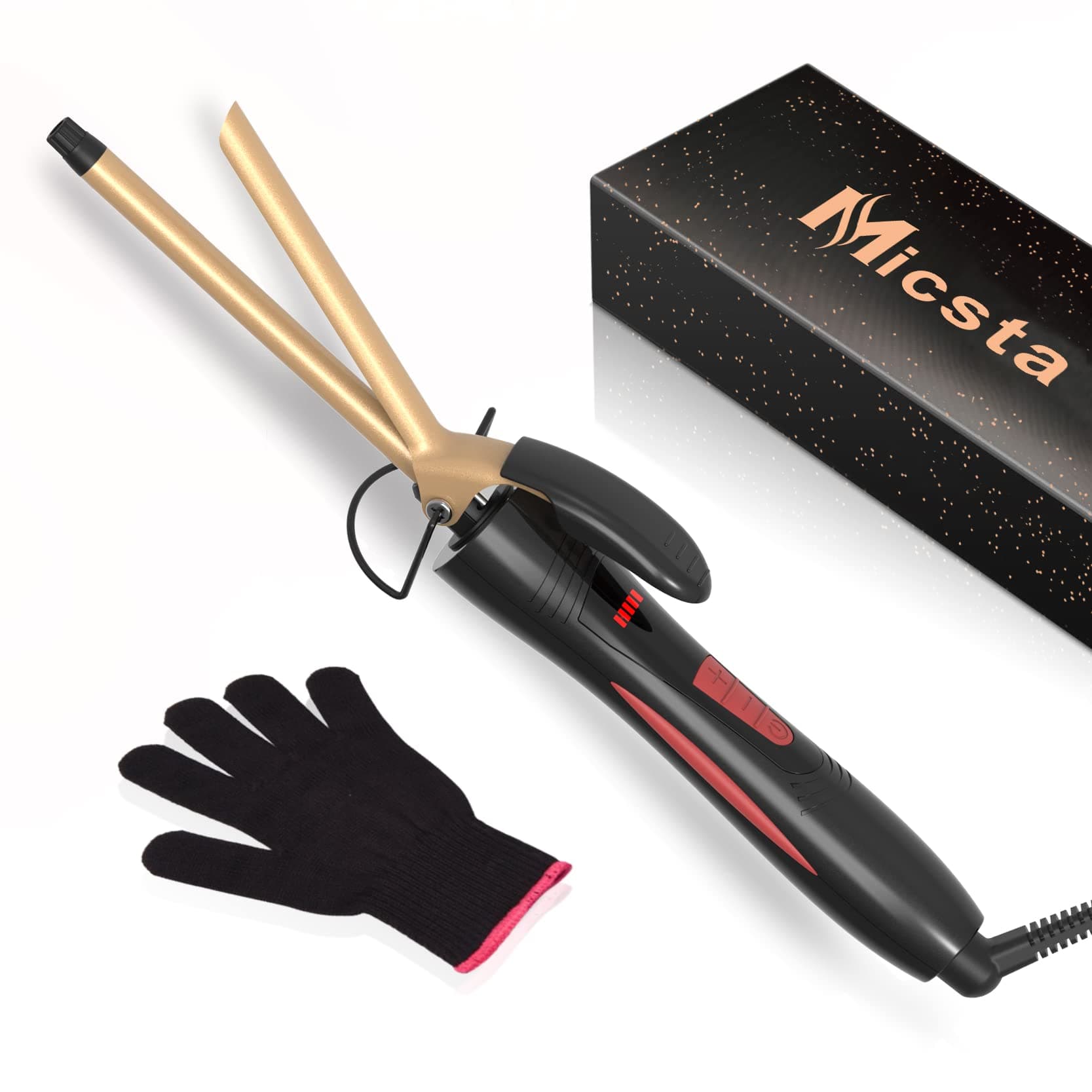 MICSTA Professional Curling Iron Instant Heat, Ionic Curling Wand Long Barrel Ceramic Tourmaline Coated No Damage, Hair Curler Temperature Control for Salon Home Travel, Dual Voltage, Gold(1/3"(10mm))