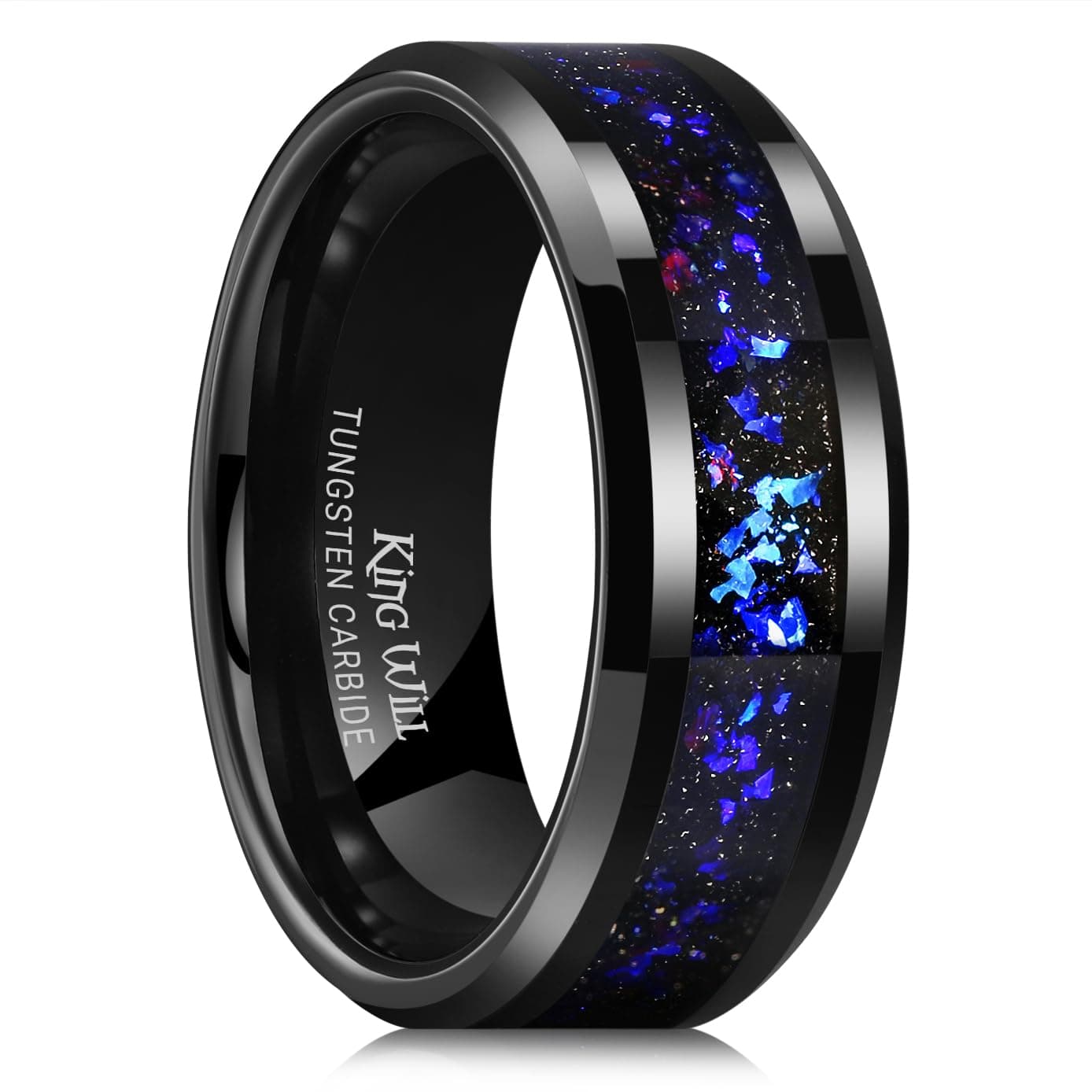 Mens Meteorite Tungsten Wedding Bands, 6mm/8mm Width, Black/Silver Engagement Rings for Couples, Beveled Edge Promise Ring for Women Comfort Fit