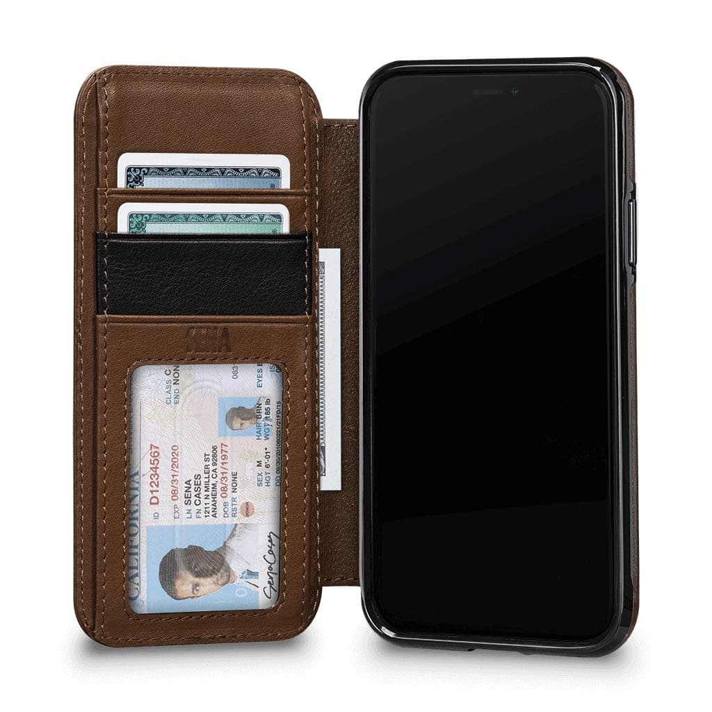 Sena Deen Wallet Book Leather Cell Phone Case for iPhone XS Max - Wireless Charging Compatible, Brown
