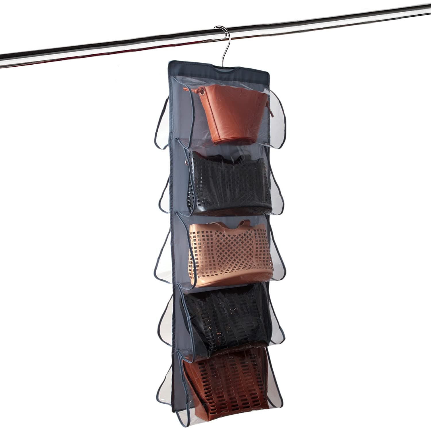 Stephenie Hanging Medium Handbag Purse Organizer - with Dual-Sided 10 Clear See-Through Pockets (10 L x 12-1/2 W x 6 H) inch - Closet Wardrobe Storage Organization JS018 Grey