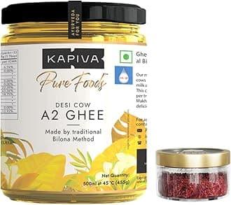 Kapiva A2 Desi Cow Ghee 500ml | Bilona Method, Curd-Churned | Pure, Natural, Healthy+ Kapiva Kashmiri Kesar / Saffron / Keshar - Original & Pure Mongra Kesar, Premium Kesar Grade A++ (1g)