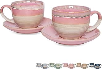 Ceramic Cappuccino Cup and Saucer Set of 2, 10 Oz, Coffee Cups for Latte, Espresso, Tea, Dishwasher and Microwave Safe, Reavtive Glaze (Pink)