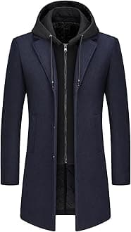 Mens Wool Trench Coat Solid Casual Padded Outdoor Overcoat Long hooded Warm Coat Jacket