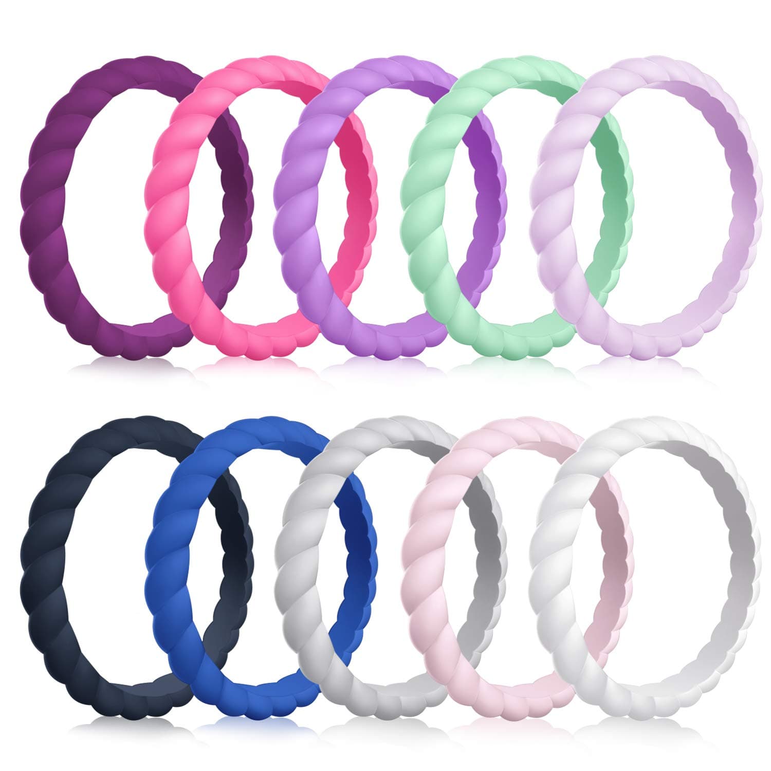 Silicone Wedding Ring for Women, 10 Pack Thin and Braided Rubber Band, Fashion, Colorful, Comfortable fit, Skin Safe