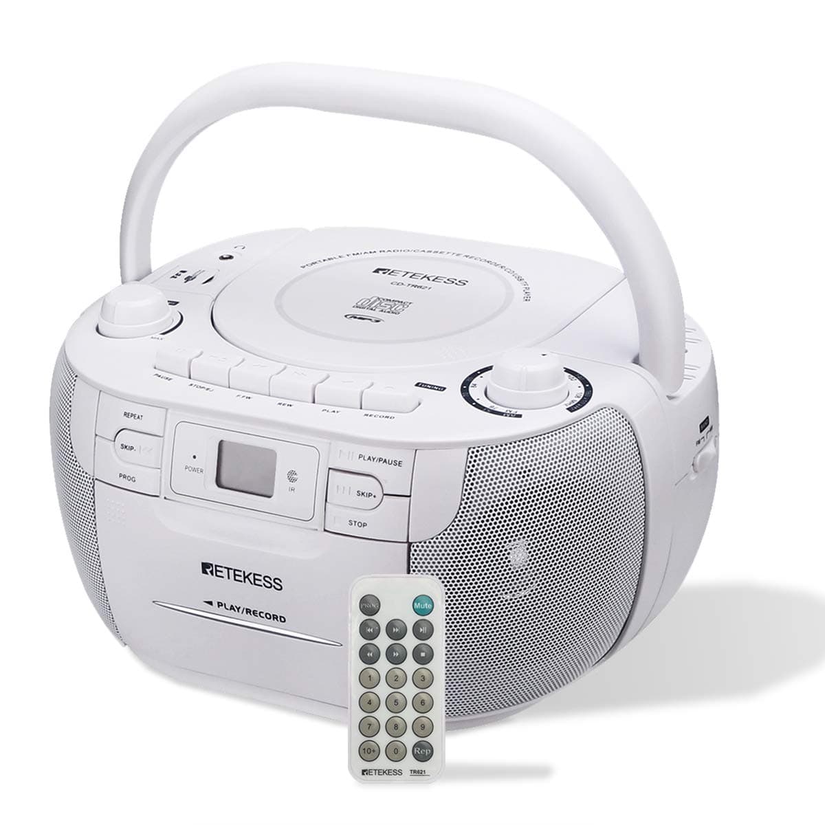 Retekess TR621 CD and Cassette Player Combo, Boombox CD Player for Home, AM/FM, Tape Recording, TF/USB Drive, AC or D Battery Powered, Headphone Jack, Stereo Sound (White)