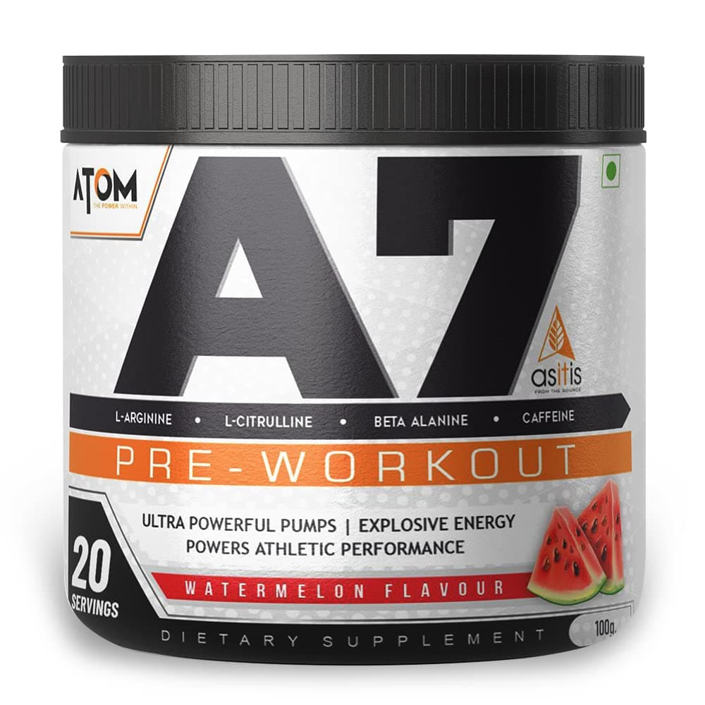 Asitis Nutrition ATOM A7 Pre-workout (20 servings / 100gms powder, Watermelon Flavoura) Caffeine 200mg | with L-arginine, Creatine, Beta-alanine for Athletic Performance