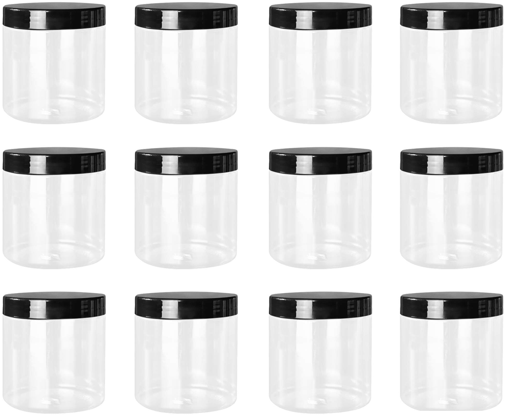 Lawei 12 Pack Plastic Jars with Lids, 16 Oz Clear Storage Jars with Black Screw Lids, Refillable Round PET Plastic Containers Wide Jar for Dry Food, Spice, Nuts, Candies, Honey Jam