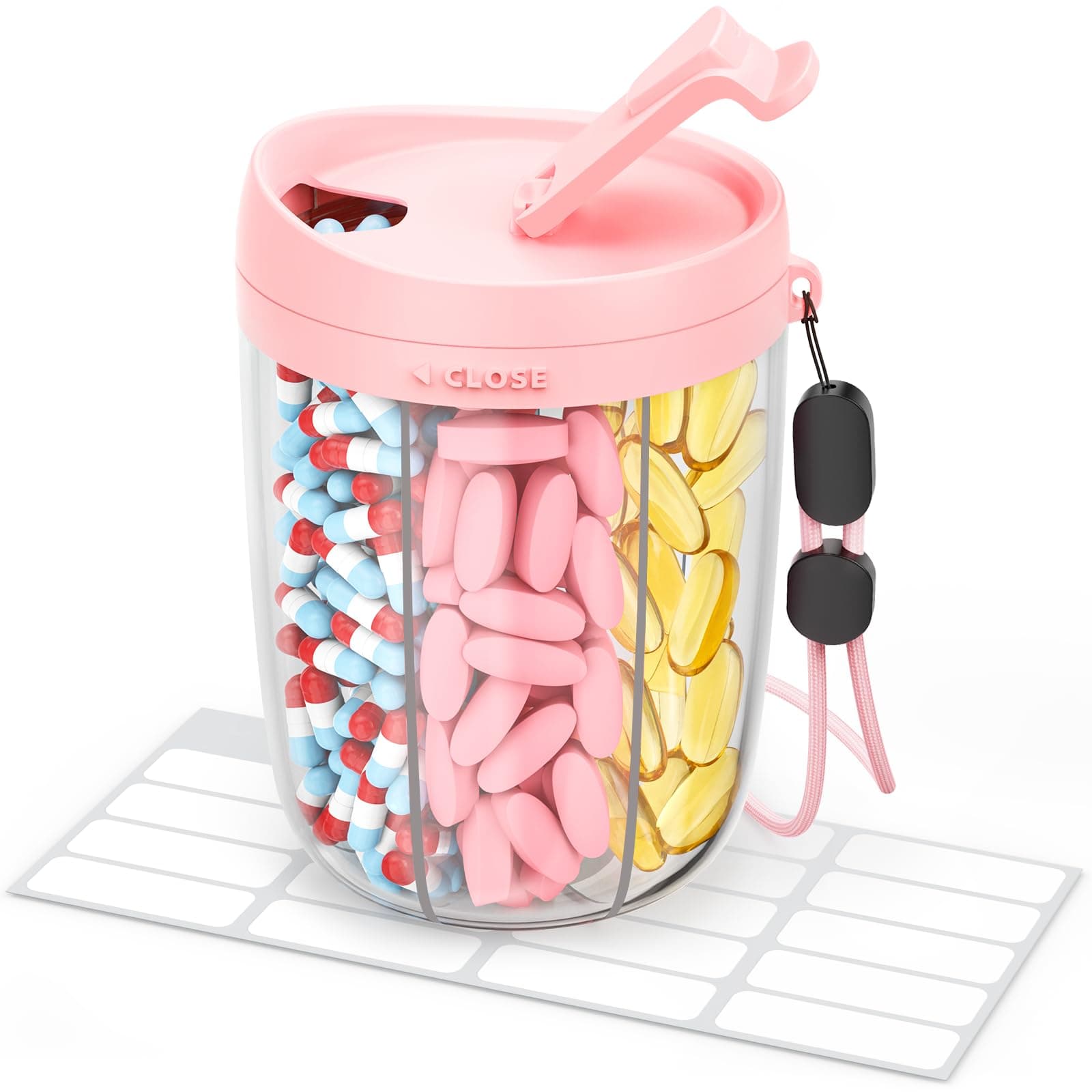Large Pill Dispenser with 6 Compartments, Anti-Mix Pill Bottle Organizer with Wide Opening & Easy Retrieval, Vitamin Organizer for Travel, BPA-Free Pill Box with a Strap, Pink