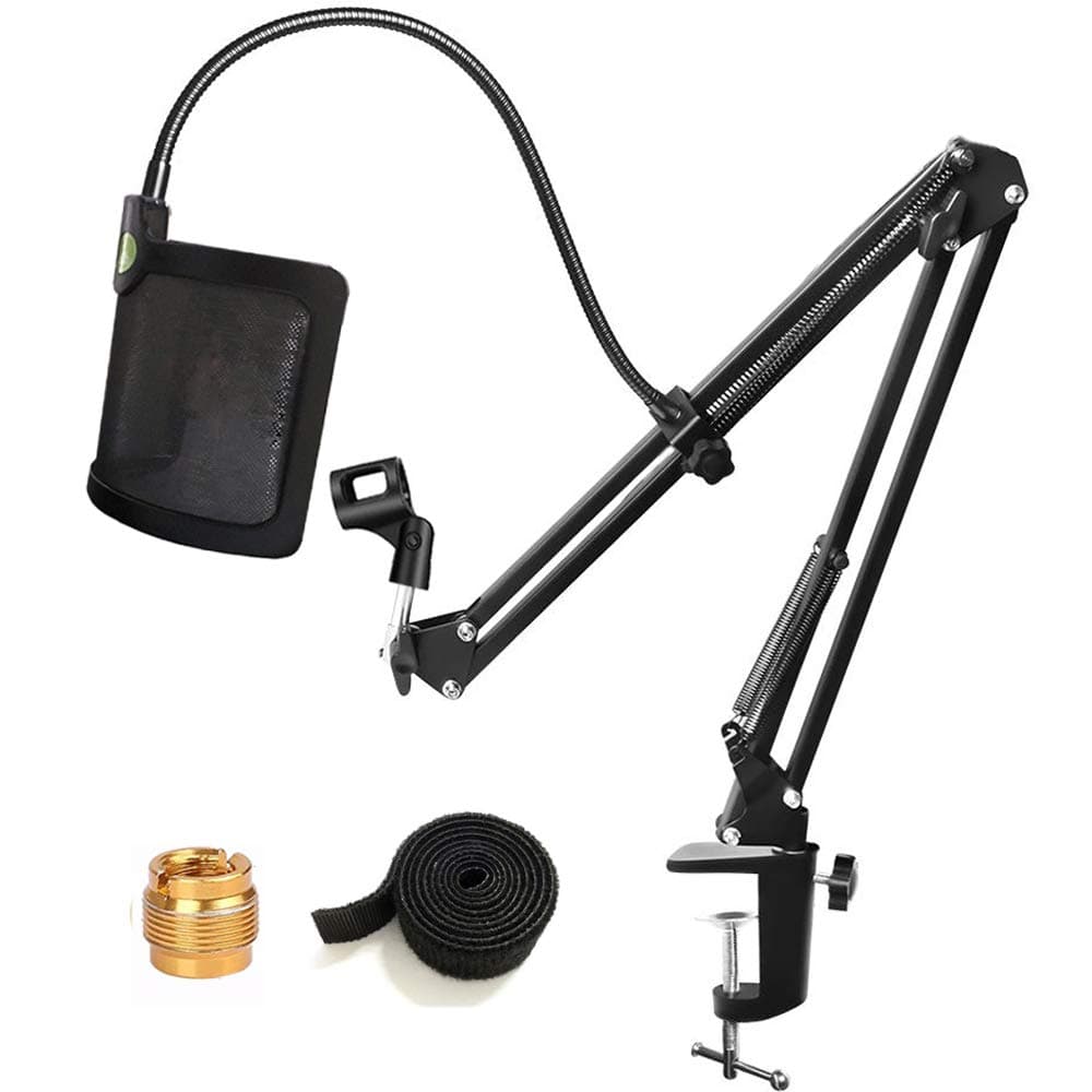 [Heavy Duty] Microphone Stand with U-shaped Steel Mesh Mic Pop Filter, Suspension Boom Scissor Arm Stand Mic Clip Holder for Blue Yeti, Snowball & Other Mic in Recording, Broadcasting, Etc.
