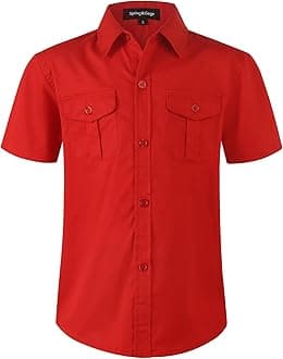 Spring&Gege Boys' Short Sleeve Button Down Shirts for Kids Woven Solid with Two Pockets