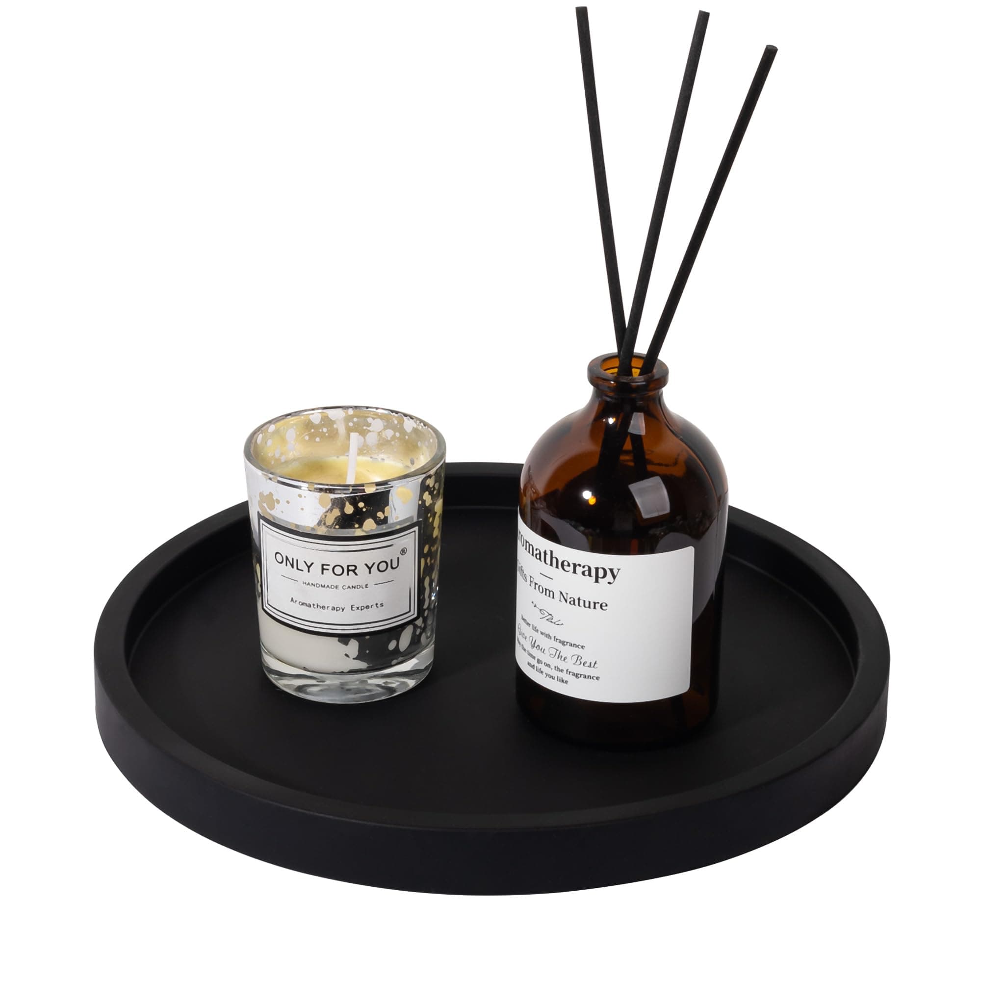 Silicone Bathroom Tray Round Vanity Tray Decorative Soap Holder Kitchen Countertop Organizer Coffee Table Decor for Candle, Perfume, Plant, 8 Inch, Black