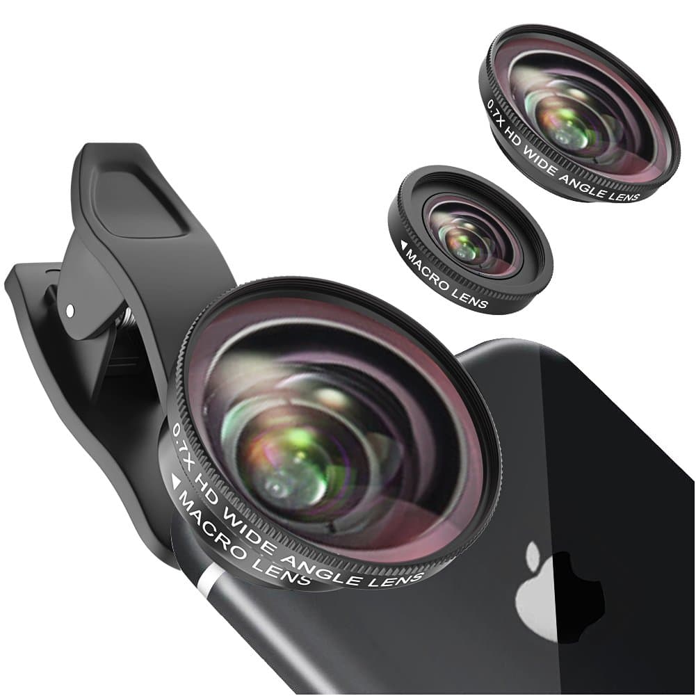 Cell Phone Camera Lens, Professional HD Camera Lens Kit Clip-On Lens 0.7X Wide Angle Lens + 12X Macro Lens Compatible for iPhone X/8/7/7 Pus/6s/6s Plus/6 ipad Samsung etc.(2-in-1 Black)