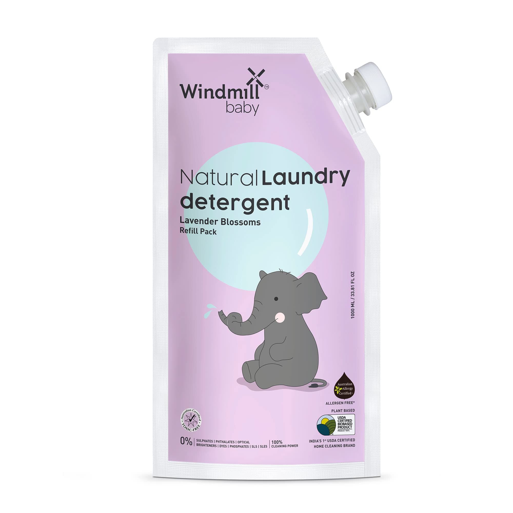 Natural Plant Based Laundry Detergent Liquid, USDA Certified, Allergen Free, Gentle with Bio-Enzymes, Lavender Blossoms, Refill Pack - 1000ml