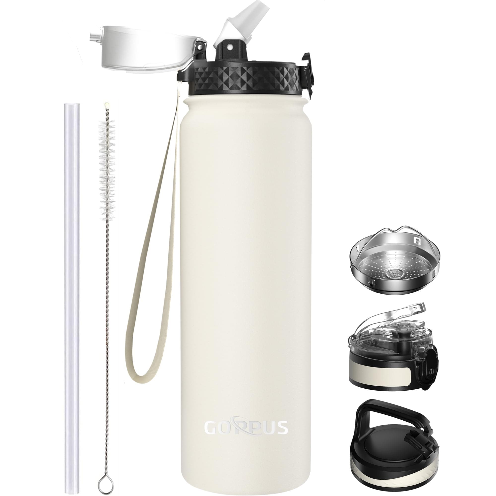 GOPPUS 1L/32oz Stainless Water Bottle with Straw Double Wall Insulated Bottles with Strap Reusable Vacuum Thermal Flask Leakproof Keep Cold Drinks Bottles with Flip Top Lid for Gym Men Women BPA Free