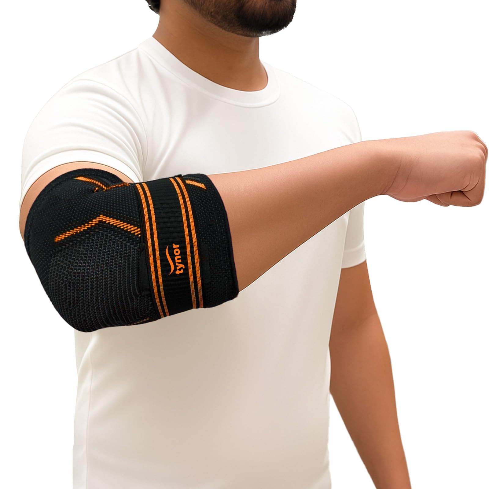 TYNOR Elbow Support Air Pro, for Joint Pain Relief & Compression | Breathable & Lightweight for Sports, Workout, Gym & Exercise | Easy Elbow Movement With Comfort | Pack of 1 (Black & Orange, Medium)