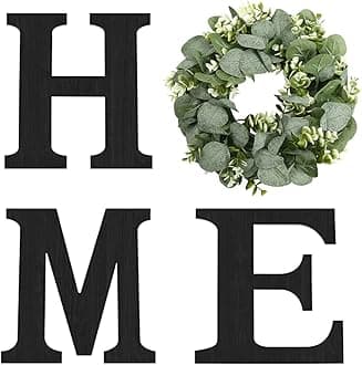 Wood Home Sign with Artificial Eucalyptus Wreath for O, Hanging Farmhouse Wall House Decor Wood Letters for Wall Art Rustic Home Decor, Wall Decor for Living Room Kitchen Entryway (Black)