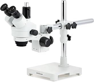 - AmScope SM-3T Professional Trinocular Stereo Zoom Microscope, WH10x Eyepieces, 7X-45X Magnification, 0.7X-4.5X Zoom Objective, Ambient Lighting, Single-Arm Boom Stand