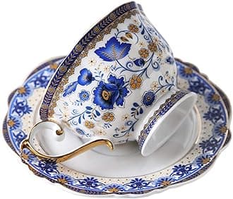 fanquare Fine Bone China British Coffee Cup and Saucer Set, Blue Floral Vintage Porcelain Tea Cup, 200ml