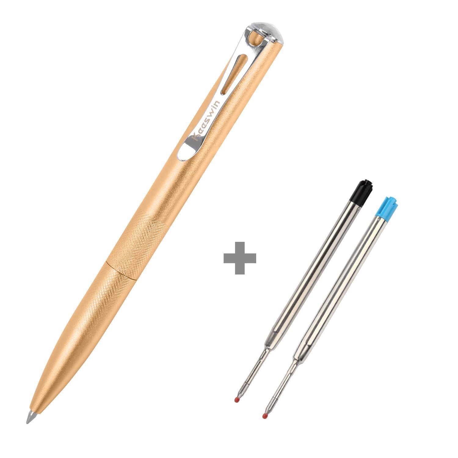 Keeswin Pen, Smooth, Fine Point, Metal Twist Roller Ball Pen Set ( 0.5mm Black&Blue Gel Ink Pen Refills)-Golden Yellow Barrel