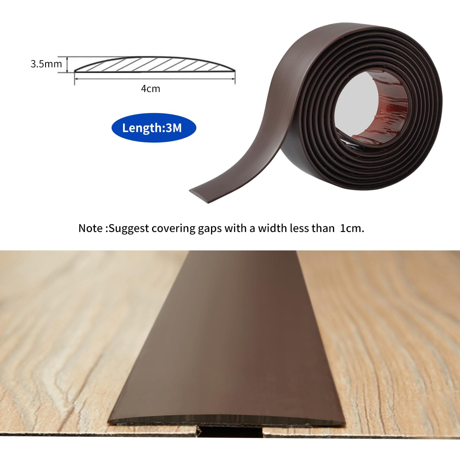 3 Meters Laminate Flooring Threshold Transition Strip,PVC Door Bars for Doorways,Self Adhesive Vinyl Floor Edge Trim,Tile to Laminate Beading,Floor Joining Strip Gap Covering(4cm,Dark Brown)