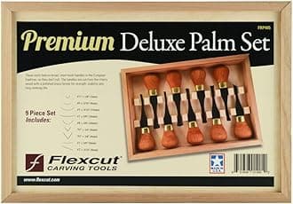 Flexcut Wood Carving Tools Premium Deluxe Palm Set FRP405, 9-Piece,1095 High Carbon Steel Blades, Cherry Hardwood Handles, Made in the U.S.A.