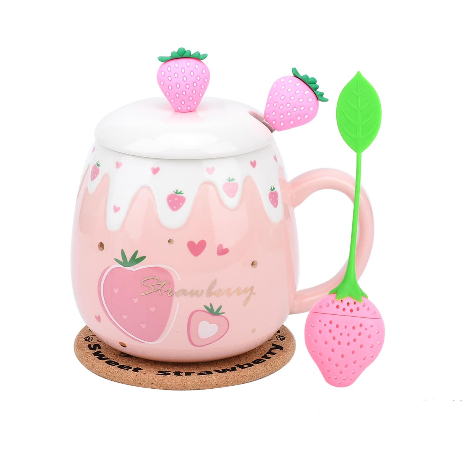 Pink Mug,Cute Strawberry Cup with Cover Spoon,Ceramic Coffee Mug, Kawaii Cup for Tea Milk,Women Girls Student Korean Style 450ML Christmas Birthday Gift (Big Strawberry)