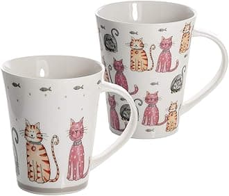 SPOTTED DOG GIFT COMPANY Cat Mugs, Cat Coffee Mug Set, 12 oz Cute Ceramic Porcelain China Coffee Tea Mugs Cups, Happy Cats Themed Gifts for Cat Lovers and Animal Lovers Women Men, Set of 2