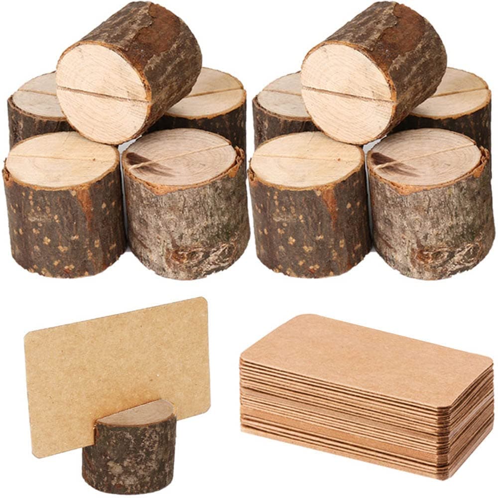 Wood Place Card Holders, 10Pcs Premium Rustic Table Number Holders and 20Pcs Kraft Table Place Cards, Wood Photo Holders, Ideal for Wedding Party Table Name and More