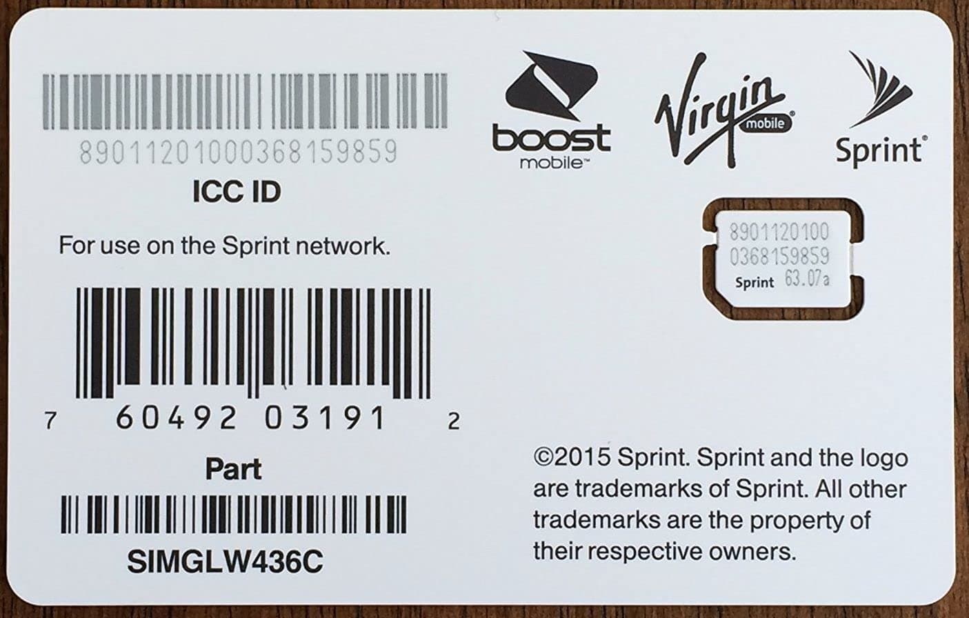 Sprint UICC ICC Nano SIM Card SIMGLW436C - iPhone 5c, 5s, 6, 6 Plus, 6S, 6S Plus, 7, 7 Plus, SE, iPad Air, iPad Air 2