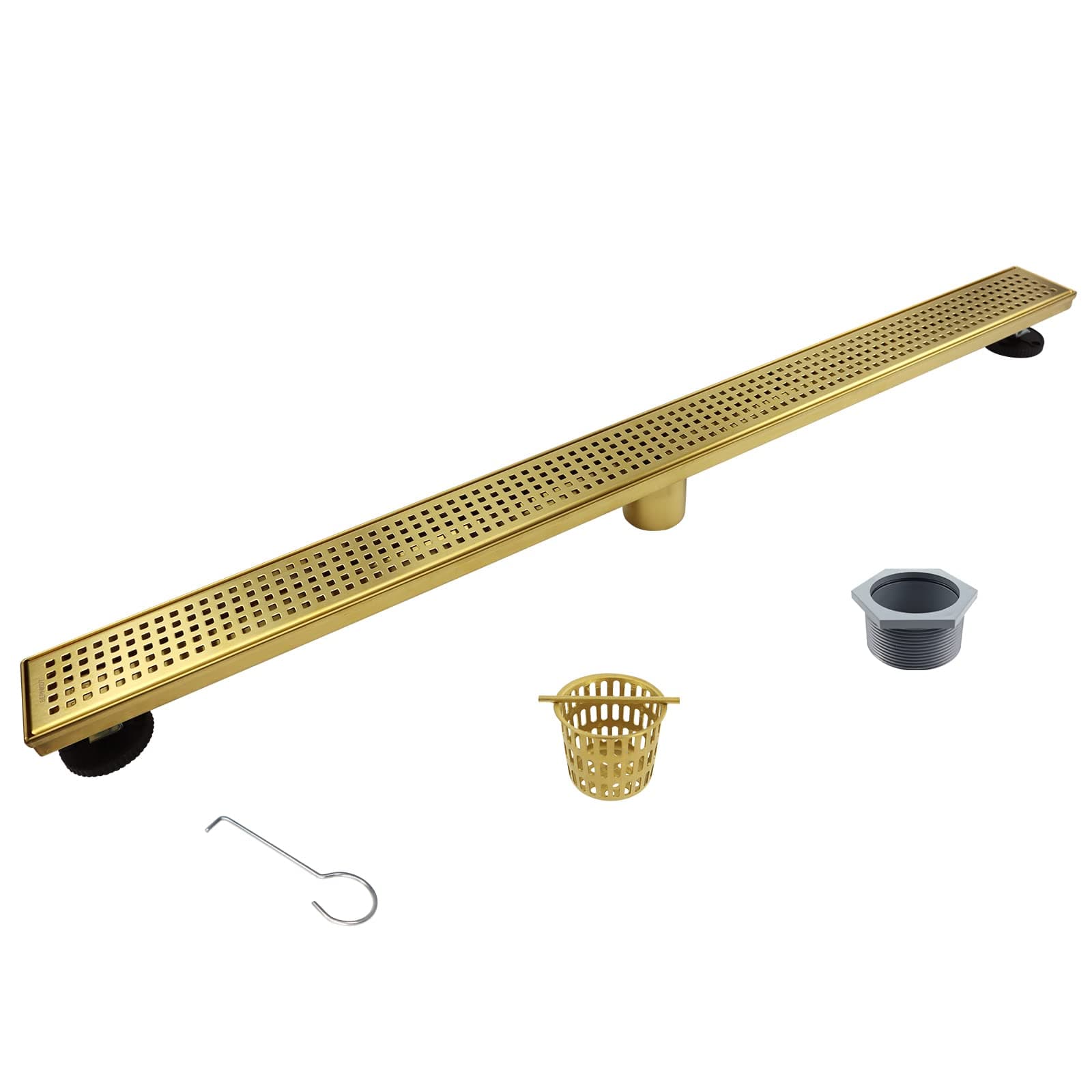 Linear Shower Drain 36", 304 Stainless Steel Floor Drain with Grid Drain Cover & Hair Strainer, Rectangular Shower Drain w/CUPC Certified, Brushed Gold