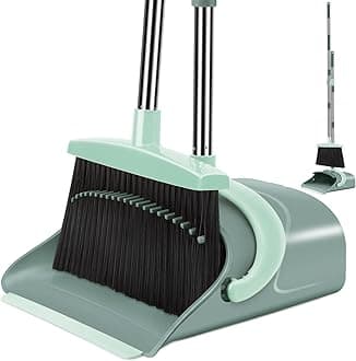 Broom and Dustpan Set for Home, Dust pan with Long Handle, Broom with Dustpan Combo Set, for Home Kitchen Room Office Lobby Floor Use Upright Stand Up Sweeping (Gray&Green)