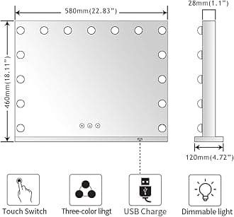 DIDIDADA Hollywood Vanity Mirror with 15 Lights - Dimmable 3 Color LED, USB Magnifier, Light up Makeup Mirror for Bedroom