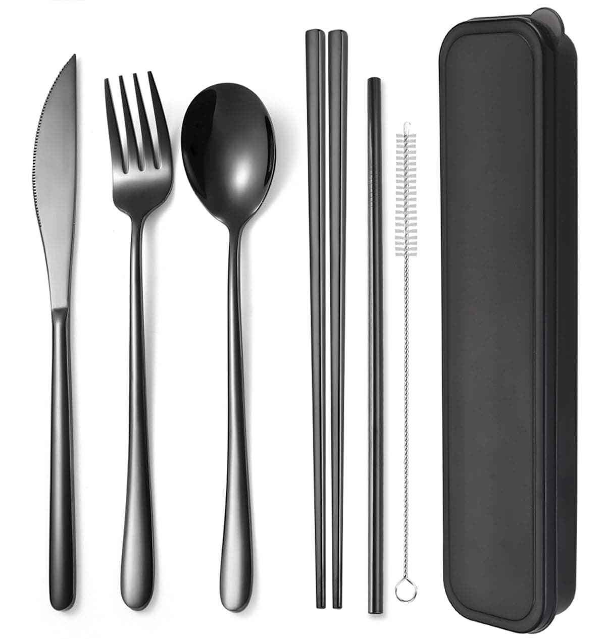 6 Pieces 18/8 Stainless Steel Flatware Set Portable Reusable Cutlery Set Travel Utensils Set Including Chopsticks Knife Fork Spoon Straws Cleaning Brush Dishwasher Safe (Black)