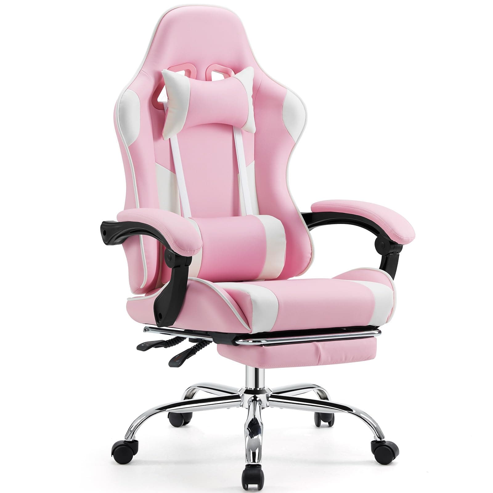 Sweetcrispy Video Game Chair - Ergonomic Lumbar Support Computer Desk with Footrest,Comfy PU Leather Recliner with Headrest, Fixed Up Armrest, Height Adjustable with 360° Swivel, for Adults, Pink