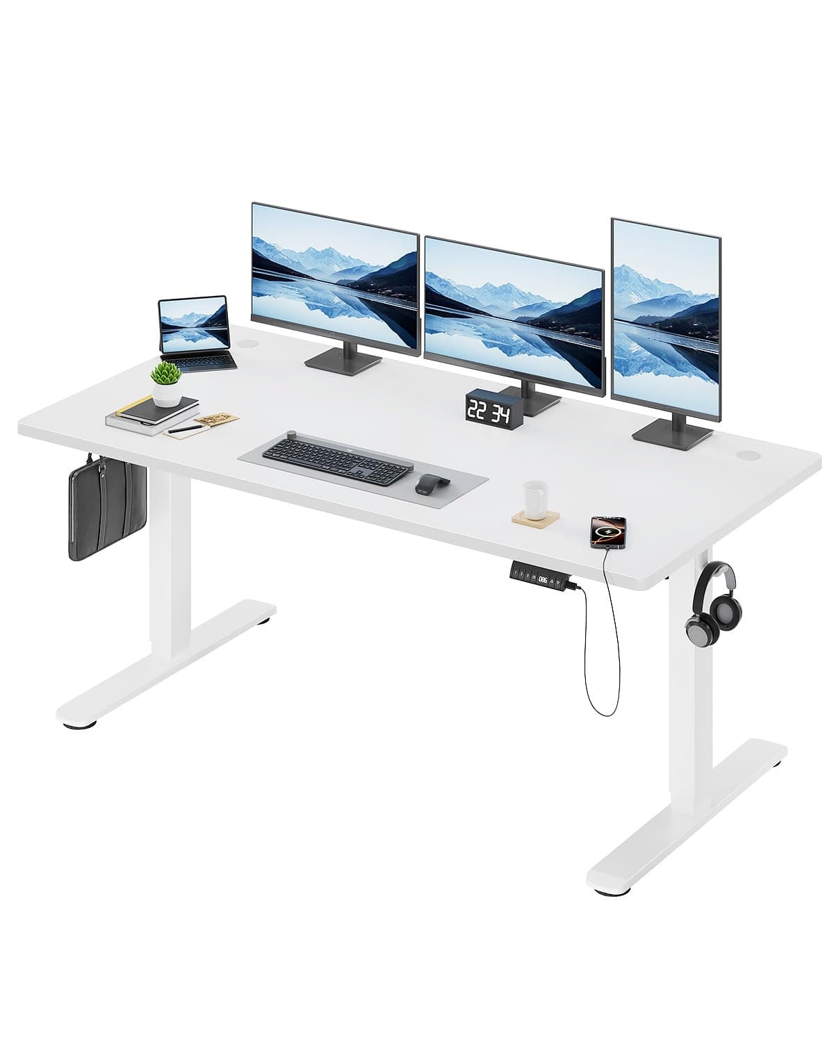 Devoko Electric Standing Desk 160x80cm, 18mm Thick Tabletop, Sit-Stand Height Adjustable with Sedentary Reminder, USB Charging Port, 3 Memory Smart Panel, Heavy-Duty Steel Frame (White)