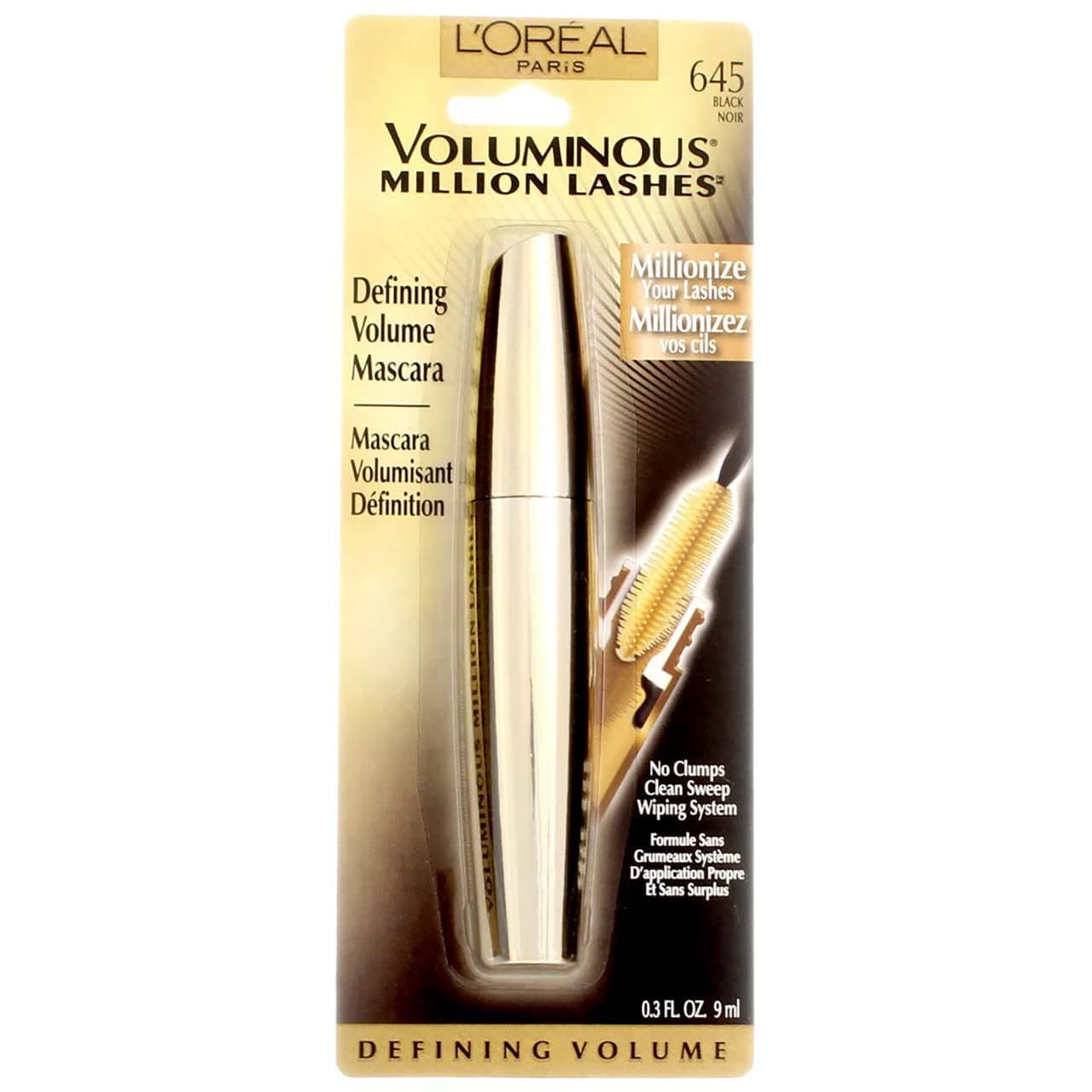 L'Oreal Voluminous Million Lashes Mascara, Black [645] 0.3 oz (Pack of 2)