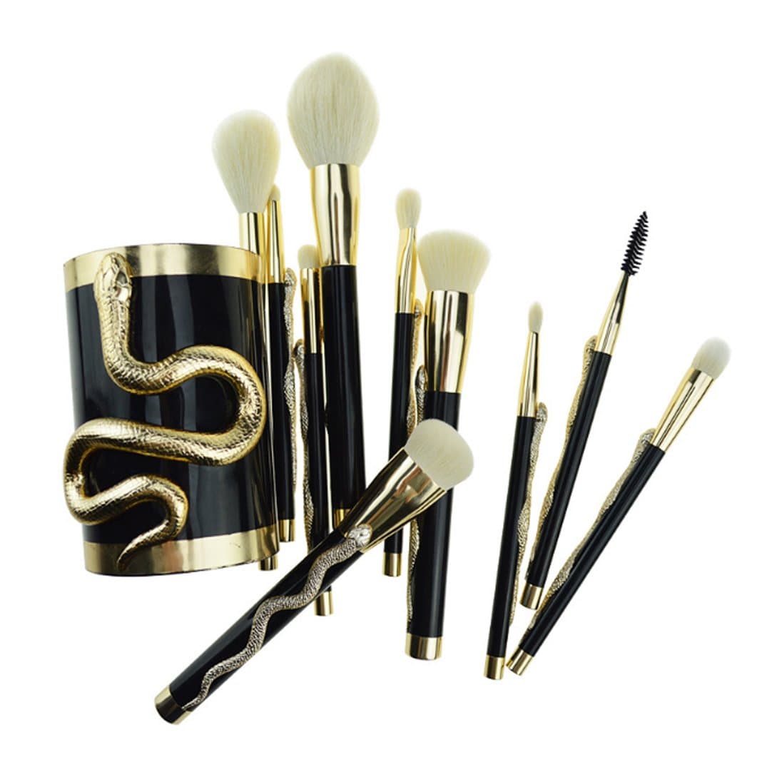 Fashion Women's Make Up Brushes Set Snake Decaration With Brushes Tube, 10 PCS Artificial Wool Eyebrow Eyelash Brush, Lip Brush, Eye Shadow Brush, Contour Brush, Hight Light Brush (Gold)