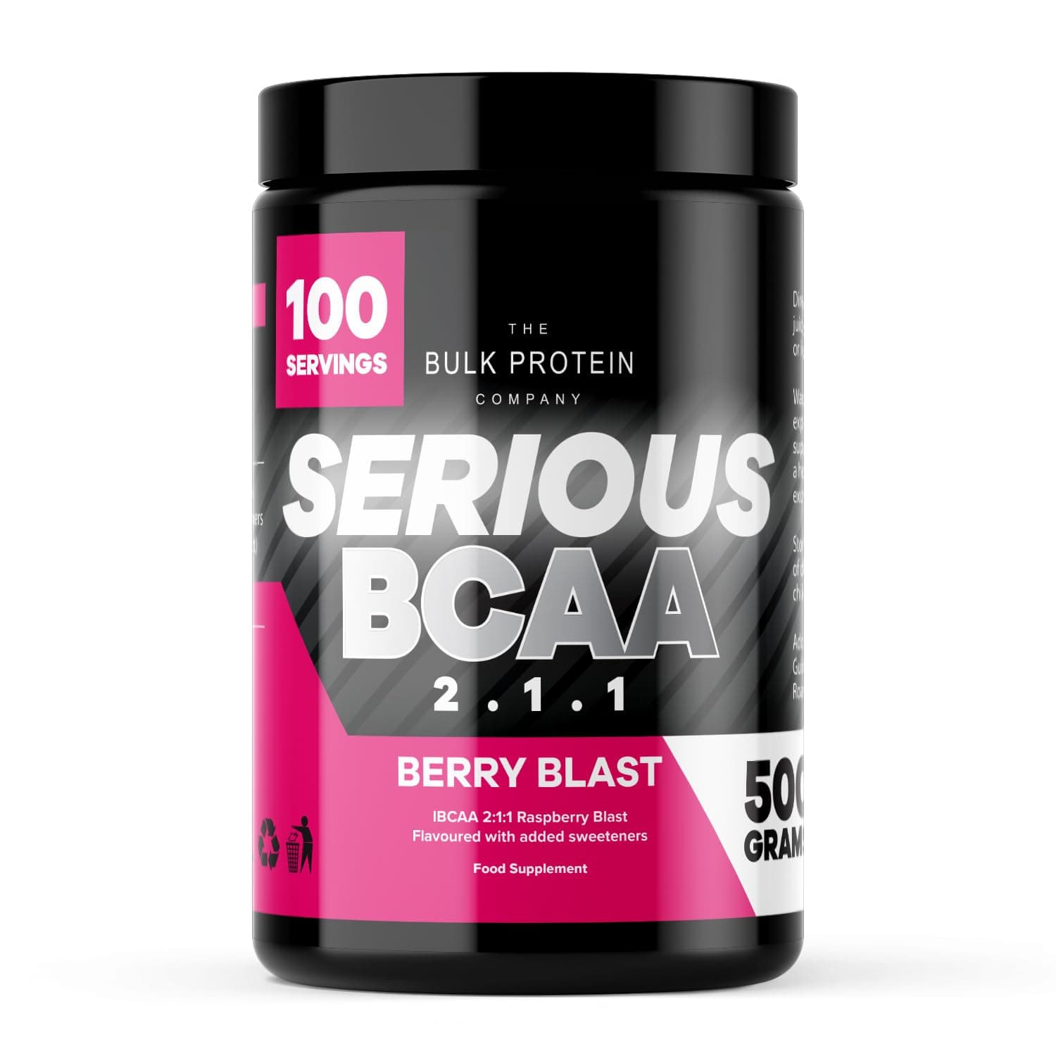 Serious BCAA Powder 500g, 100 Servings Pre Workout - Helps Build Muscle - The Bulk Protein Company (Raspberry Blast)