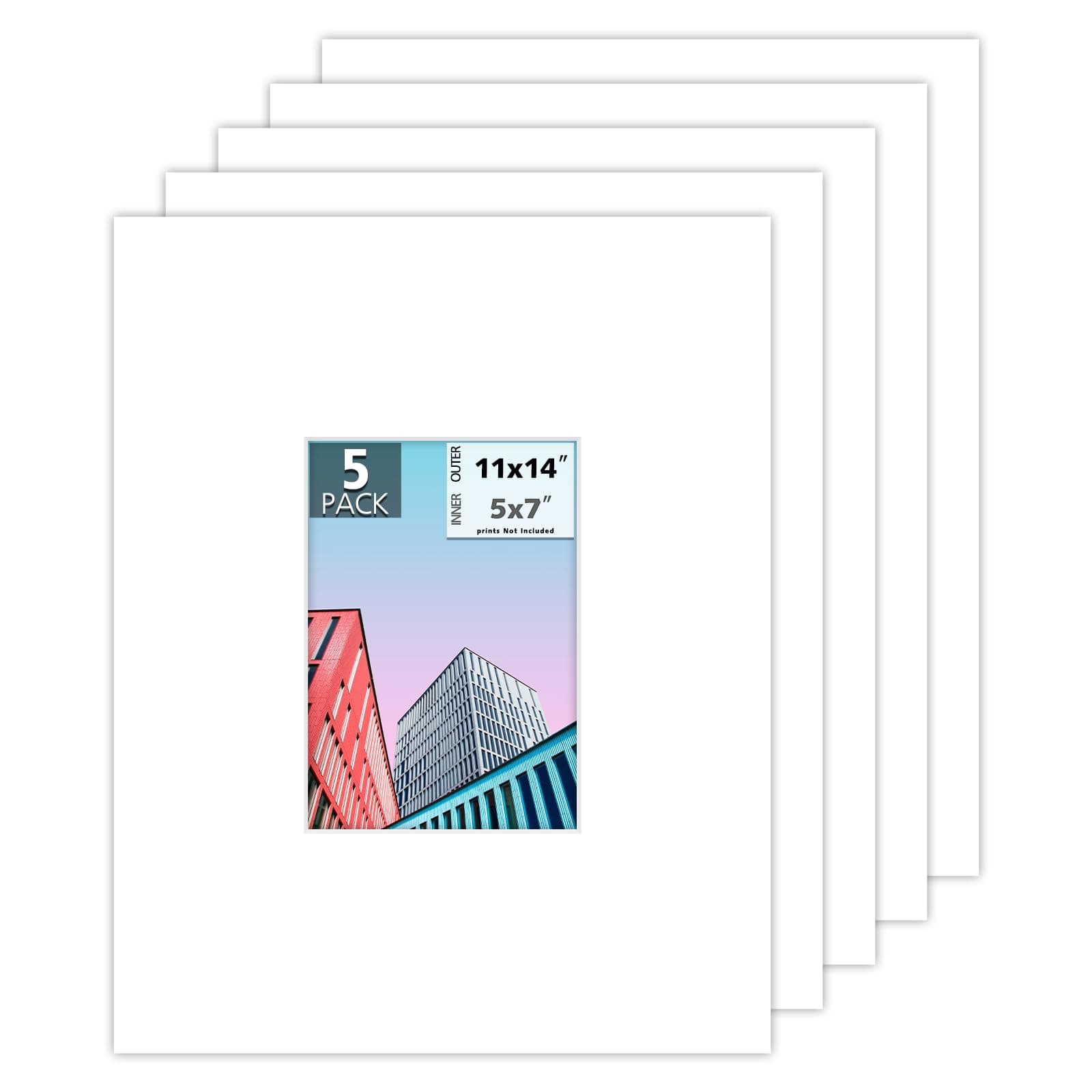 MBC Mat Board Center, 5 Pack 11x14 for 5x7 White Picture Mats Frame Mattes, Bevel Cut, Acid Free, 4-ply Thickness