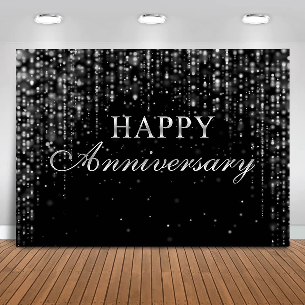 Mocsicka Happy Anniversary Backdrop Black Silver Anniversary Background Wedding Anniversary Party Cake Table Decoration Photo Booth Props (7x5ft)