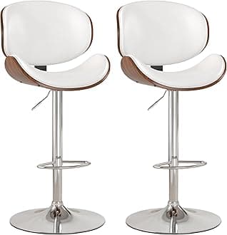 KCC Bar Stools Set of 2, Swivel Adjustable Height Barstools, PU Leather Upholstered Bar Chairs with Footrest, Bentwood Bar Stool for Kitchen, Bar, Dining Room(White PU)