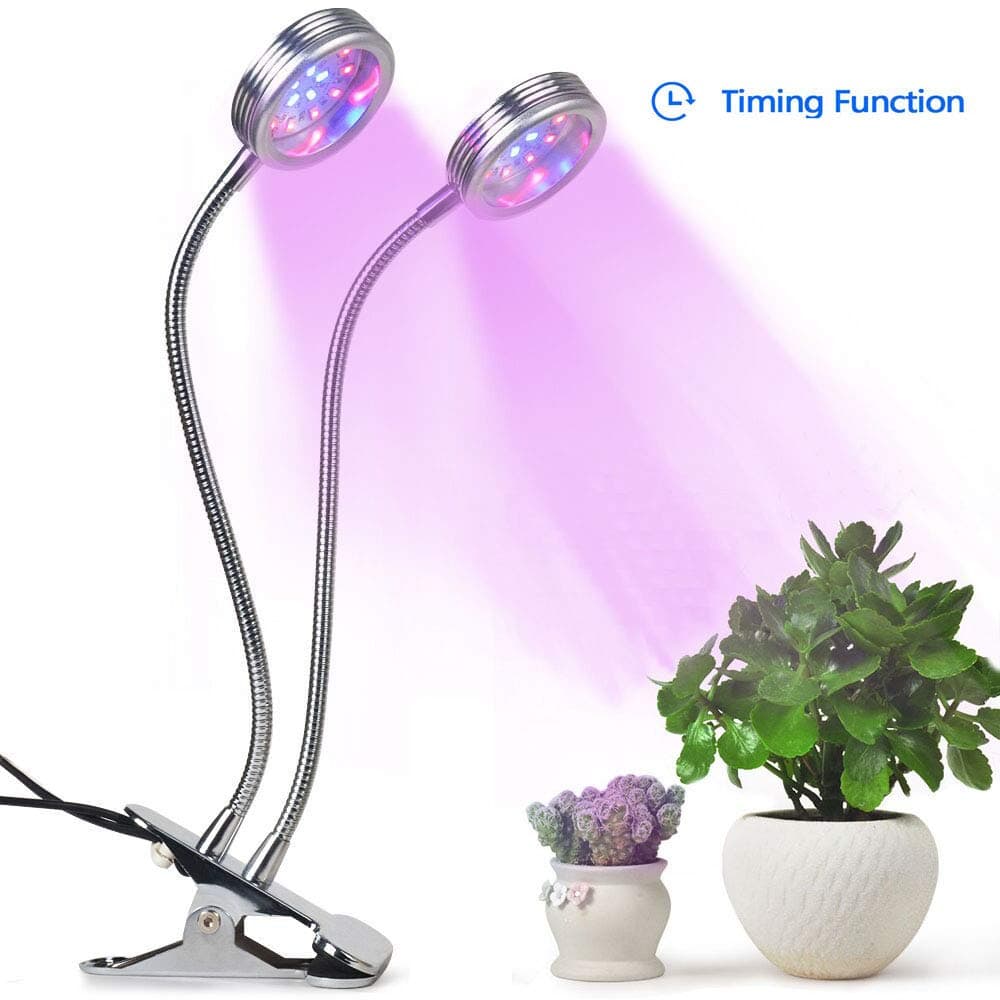 Grow Lights for Indoor Plants, CLTEC 16W 32 LED Bulbs Timming Plant Grow Lamp with Red, Blue Spectrum, 3/6/9/12/15H Timer,Dual Head Control Adjustable Gooseneck, 5 Dimmable Levels[Auto Turn On/Off]